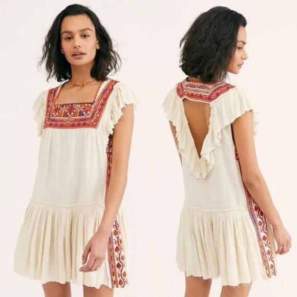 Free People Dresses & Skirts - Free People Embroidered Day Glow Mini Open Back Ruffle Peasant Boho Dress